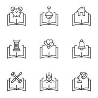 Set of signs for UI, adverts, books drawn in line style. Editable stroke. Icons of alarm clock, lamp, house, column, heart, bell, repair, cube, table lamp vector