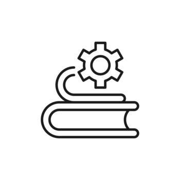 Gear by Books Isolated Line Icon. Perfect for web sites, apps, UI, internet, shops, stores. Simple image drawn with black thin line vector