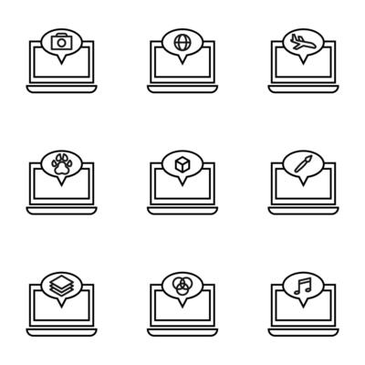 Set of signs for UI, adverts, books drawn in line style. Editable stroke. Icons of camera, planet, plane, paw, cube, brush, documents, musical note on laptop