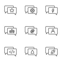 Vector line icon set for web sites, stores, banners, infographic. Signs of star, gear, lightning, arrow, at sign, user, coding, bell, ring in speech bubble