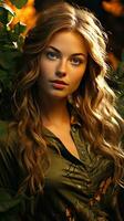 Beautiful woman in the tropical jungle. Generative AI photo