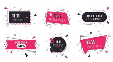 Vector set of trendy Sale banners in Memphis style for big shopping day Sale 11.11. Bright promotion banners in retro style. Black and pink colors