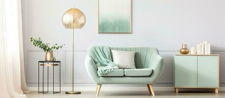 Beige sofa near designer lamp with gold painting above in living room with scandi carpet and mint chair photo
