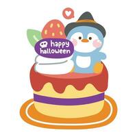 Cute penguin witch sit on strawberry cake halloween concept.Bakery.Sweet vector