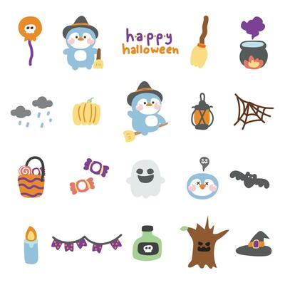 Set of cute icon penguin witch in halloween concept.Festival.Autumn