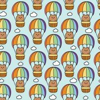 Seamless pattern of cute teddy bear stay in balloon on cloud sky background.Wild vector