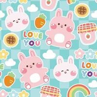 Seamles pattern of cute rabbit with various icon on blue background.Rodent animal vector