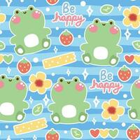 Seamles pattern of cute frog with tiny icon background.Reptile animal character cartoon design.Strawberry,flower,heart,leaf hand drawn.Kawaii.Vector.Illustration. vector