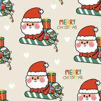 Seamless pattern of cute santa claus sit on candy have light christmas decorate with heart background.Character cartoon design.Winter.Repeat.New year.Kawaii.Vector.Illustration. vector