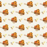 Seamless pattern of cute pumpkin cart with leaf background.Fall and autumn concept.Halloween festival.October.Kawaii.Vector.Illustration. vector