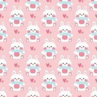 Seamless pattern of cute rabbit wear scarf with tiny heart icon on pink background.Bunny vector
