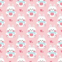 Seamless pattern of cute rabbit wear scarf with tiny heart icon on pink background.Bunny vector