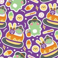 Seamles pattern of cute frog witch hold candy stciker background.Hallooween vector