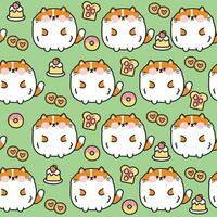 Seamless pattern of cute fat cat with bakery icon background.Chubby pet animal funny character cartoon design.Baby clothing.Strawberry cake,cookies,donut,bread.Meow lover.Kawaii.Vector.Illustration. vector