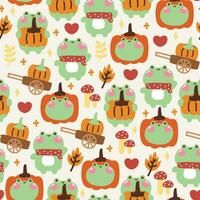 Seamless pattern of cute frog with pumpkin background.Autumn and fall.October.Reptile animal character cartoon design.Halloween Festival.Mushroom.Kawaii.Vector.Illustration. vector