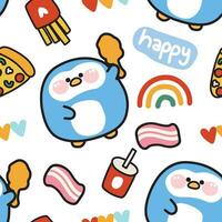 Seamless pattern of cute penguin with fastfood on white background.Animal and food hand drawn.Bacon,drink,pizza,heart,rainbow doodle.Kawaii.Vector.Illustration. vector