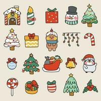 Set of cute icon in christmas and winter concept.Cartoon character design collection.Dessert house,gift box,snowman,tree,candy,gingerbread,penguin hand drawn.Kawaii.Vector.Illustration. vector