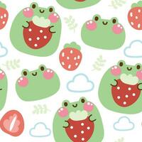 Seamless pattern of cute frog hug strawberry with cloud and leaf on white background.Reptile vector