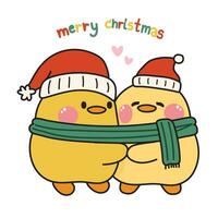 Cute chicken couple in winter costume hug together with merry chritmas text.Farm animal character cartoon design.Isolated.Kawaii.Vector.Illustration. vector