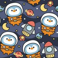 Seamless pattern of cute penguin astronaut with rocket and planet galaxy background.Bird vector