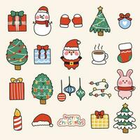 Set of cute icon in merry christmas concept.Cartoon character design collection.Gift box,snowman,chriastmas tree,santa claus,coffee hand drawn.Kawaii.Vector.Illustration. vector