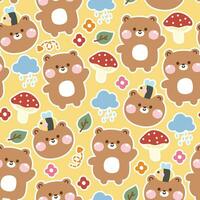 Seamless pattern of cute teddy bear with tiny icon sticker yellow pastel background.Bee,mushroom,flower,leaf hand drawn.Wild animal character cartoon design.Kawaii.Vector.Illustration. vector