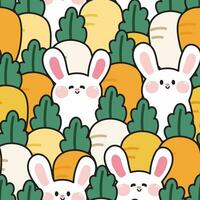 Seamless pattern of cute rabbit with carrot background.Easter day.Spring.Vegetable and animal hand drawn.Bunny doodle.Repeat.Kawaii.Vector.Illustration. vector