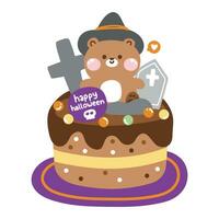 Cute teddy bear witch sit on grave chocolate cake halloween concept. vector