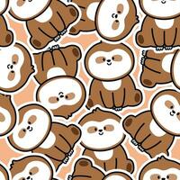 Seamless pattern of cute sloth sit sticker on brown background.Wild animal character cartoon hand drawn.Kid graphic design.Repeat.Texture.Kawaii.Vector.Illustration. vector