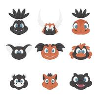 Big Set of faces Mystical, fabulous funny dinosaur. Cartoon style vector