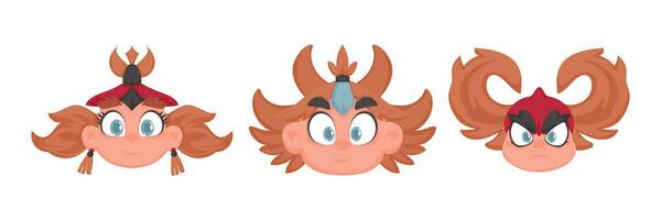 Set of funny and interesting faces of warrior girls. Cartoon style vector