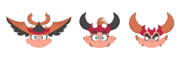 Set of funny and interesting faces of warriors. Cartoon style vector