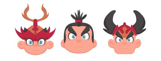 Set of funny and interesting faces of warriors. Cartoon style vector