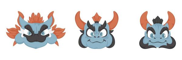 Set of mystical and fairy tale faces of Chinese dragons. Cartoon style vector