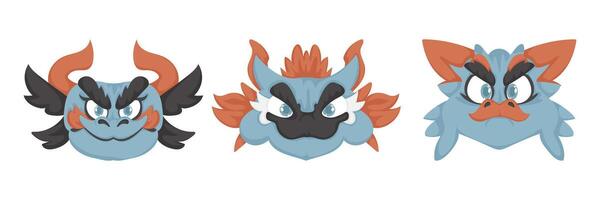 Set of mystical and fairy tale faces of Chinese dragons. Cartoon style vector