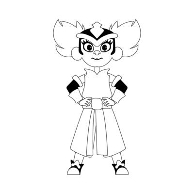 A cartoon character in a dress with a big head