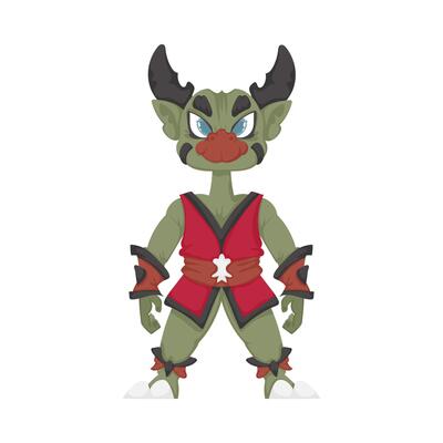 A cartoon green demon with horns and red clothes