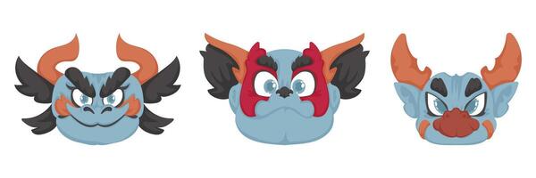 Three different cartoon heads with horns and horns vector