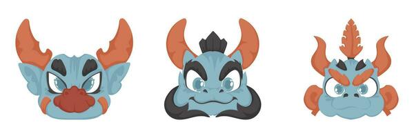 Set of mystical and fairy tale faces of Chinese dragons. Cartoon style vector