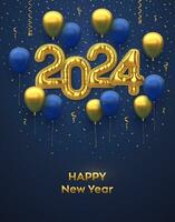 Happy New 2024 Year. Golden foil balloon numbers and inflatable holiday balloons on blue background. High detailed 3D realistic gold foil helium balloons. Christmas greeting card. Vector illustration.