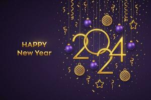 Happy New 2024 Year. Hanging Golden metallic numbers 2024 with shining 3D metallic stars, balls, confetti on purple background. New Year greeting card, banner template. Realistic Vector illustration.