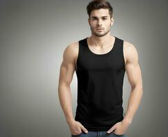 Young man wearing blank black tank top mockup print presentation mockup ai generate photo