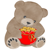 Brown bear holding red bucket has many gold nugget,creative with illustration in flat design. png