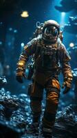 Astronaut wearing spacesuit walking inside the cave with blue light. Generative AI photo