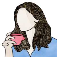 lindo mulher segurando café xícara, criativa com ilustração dentro plano Projeto. png