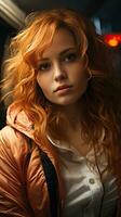 Pretty red head woman with orange jacket. Generative AI photo