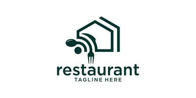 restaurant logo design with elements combining the shape of a house, internet signal and cutlery. vector