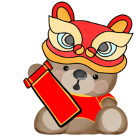 Brown bear wearing Lion dance hat,decorative for Chinese new year festival.Creative with illustration in flat design. png
