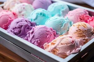 Colorful scoops of ice cream. Generative AI. photo