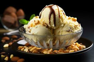 Macadamia ice cream and nuts in a bowl. Generative AI. photo